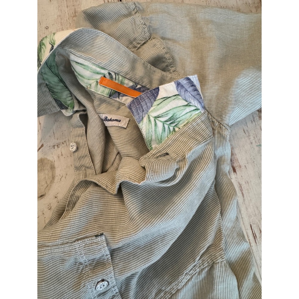Tommy Bahama Relax Mens L Sage Green Micro Stripe Short Sleeve Button Down Shirt - Picture 9 of 12